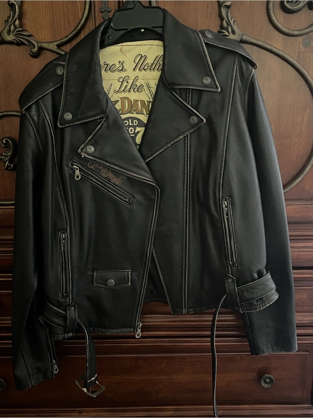Jack Daniels Espresso brown Leather Biker Jacket for Women